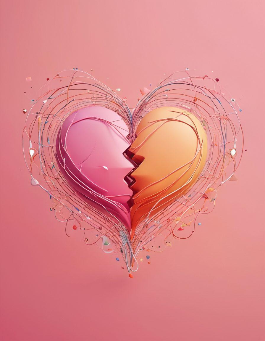 A cozy digital landscape depicting two hearts intertwined with vibrant threads of communication, symbolizing the transition from flirtation to affection. Include modern technology elements like smartphones and emojis floating around them, surrounded by soft pastel colors to evoke warmth and care. The background should feature a dreamy, abstract pattern representing the online world and emotional connections. super-realistic. pastel colors. warm tones.