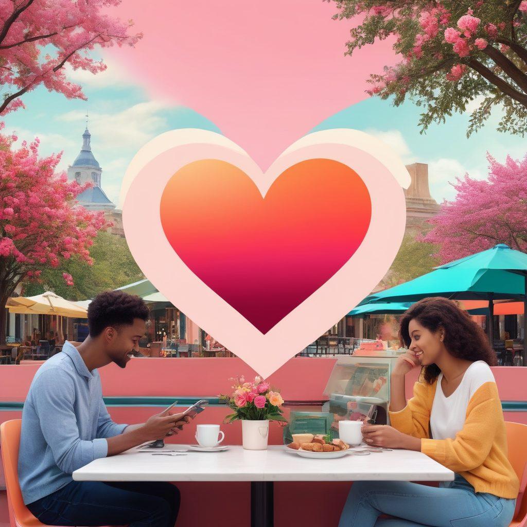 A vibrant heart-shaped collage showcasing diverse couples happily interacting in various modern dating scenarios such as coffee shops, parks, and casual dinner settings. Include elements of technology like smartphones displaying dating apps, alongside classic symbols of love like roses and love letters. The background should be soft pastel colors to evoke warmth and positivity, encapsulating a modern yet romantic atmosphere. super-realistic. vibrant colors. soft background.